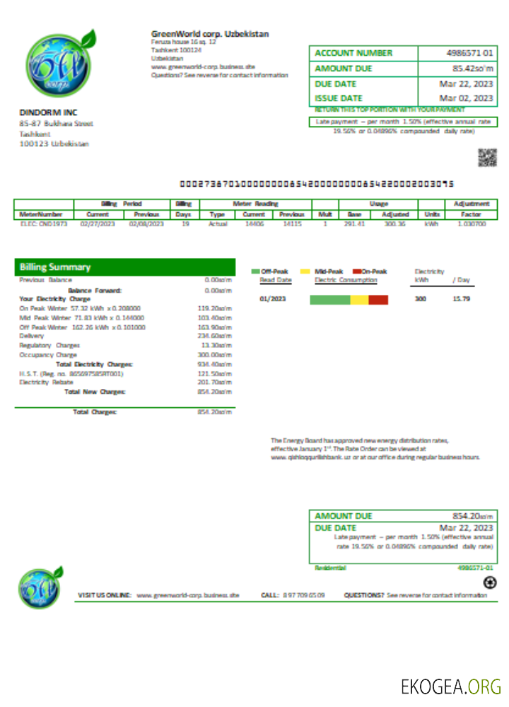 Facture commerciale de services publics de GreenWorld, SCR